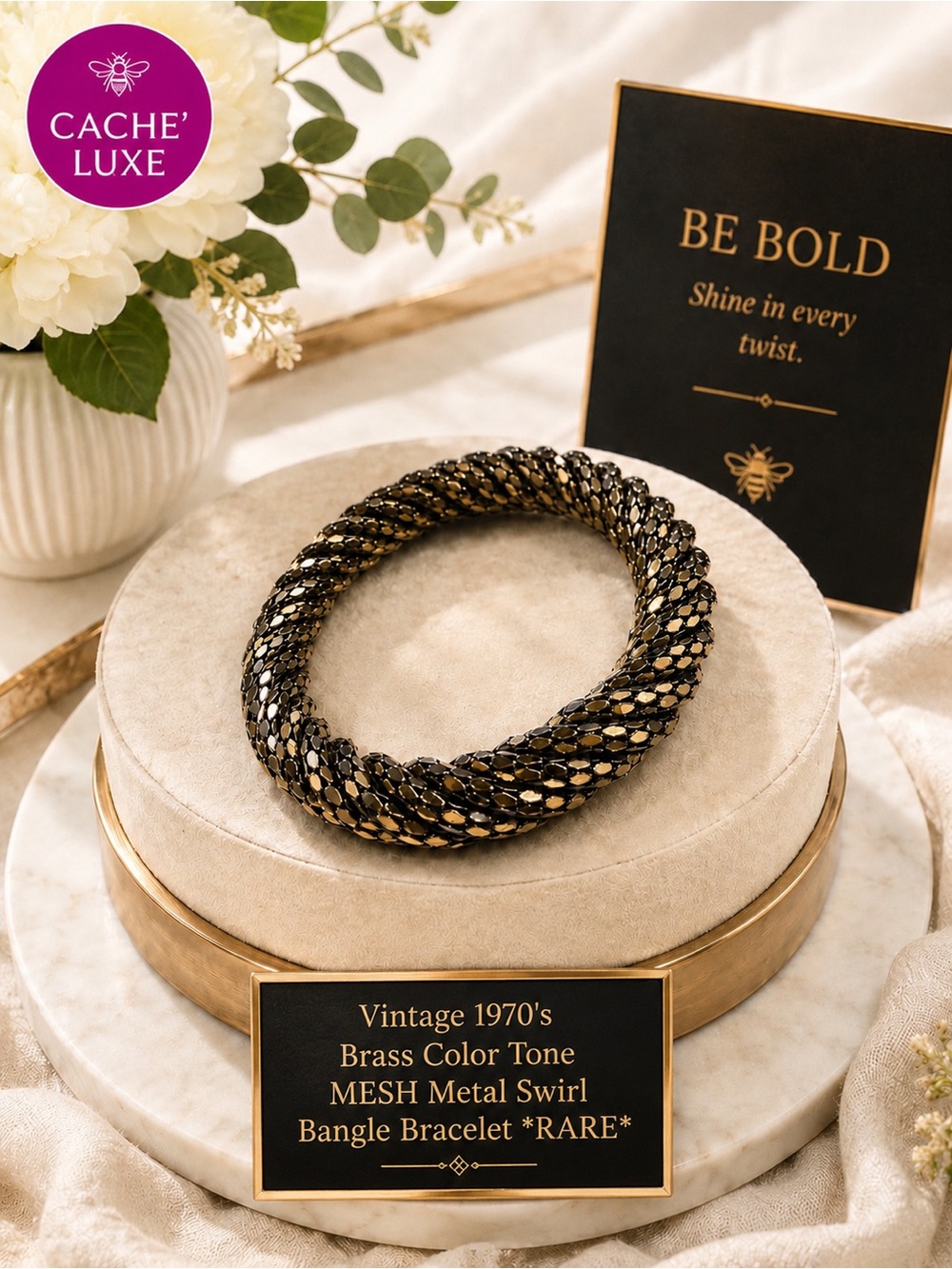 Vintage 1970's Brass Color Tone MESH Metal Swirl Bangle Bracelet *RARE*